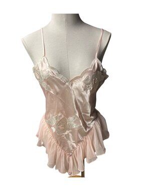 Victorias Secret Pink Satin & Chiffon Scalloped Teddy M Ruffle Floral Applique